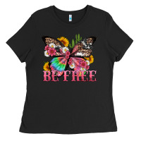 Black be free with butterfly and cactus flowers Ladies Tee - Artiststas