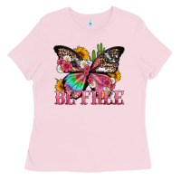 Bubblegum Pink be free with butterfly and cactus flowers Ladies Tee - Artiststas