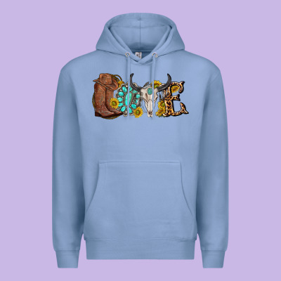 Premium Hoodie western love bull skull with gemstone and sunflowe