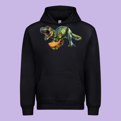 Urban Hoodie T-Rex dinosaur holding a taco