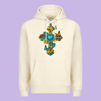 Premium Hoodie western cross with gemstone and sunflowers