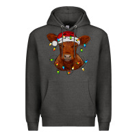 Charcoal Heather Christmas baby red angus calf with lights Premium Hoodie - RanaPortraitStore