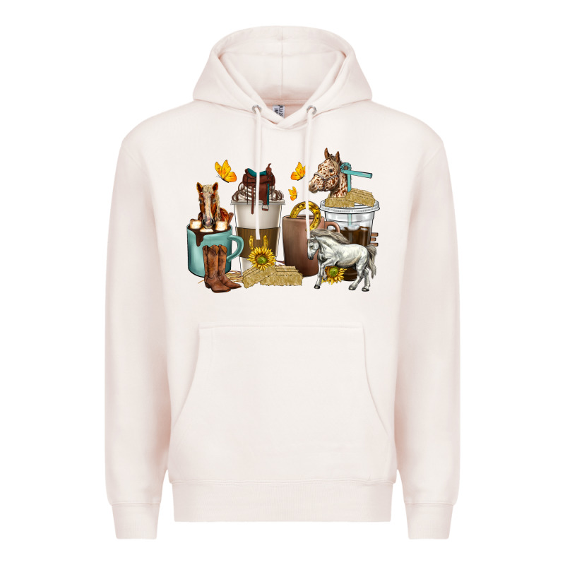 Coffee Cups Horses Premium Hoodie by texasbilliewilder | Teevron