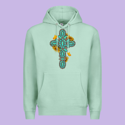 Premium Hoodie gemstone cross with sunflowers and butterflies