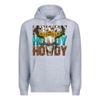 Heather Grey howdy howdy howdy western bull skull Premium Hoodie - texasbilliewilder