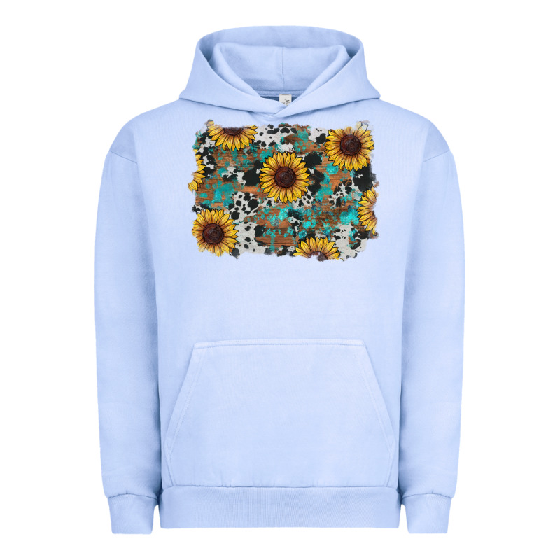Western Sunflowers Turquoise Cowhide Background Urban Hoodie by RanaPortraitStore | Teevron