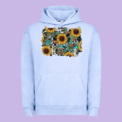 Urban Hoodie western sunflowers turquoise cowhide background