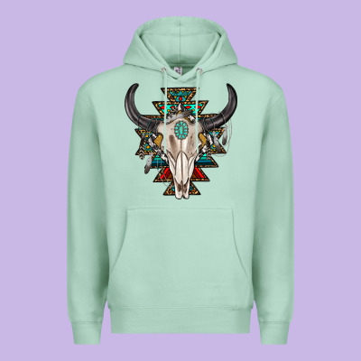Premium Hoodie western aztec bull skull with gemstone
