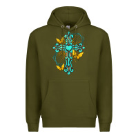 Army Green cross with heart shaped gemstone and butterfly Premium Hoodie - texasbilliewilder