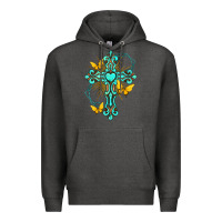 Charcoal Heather cross with heart shaped gemstone and butterfly Premium Hoodie - texasbilliewilder