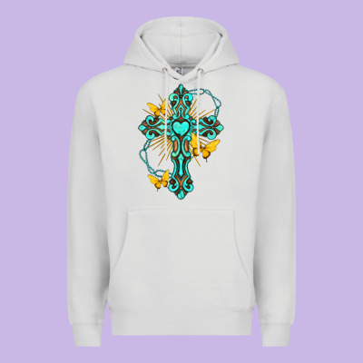 Premium Hoodie cross with heart shaped gemstone and butterfly