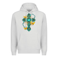 Dove Grey cross with heart shaped gemstone and butterfly Premium Hoodie - texasbilliewilder
