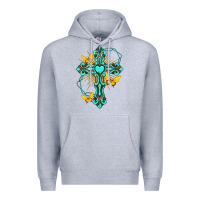 Heather Grey cross with heart shaped gemstone and butterfly Premium Hoodie - texasbilliewilder