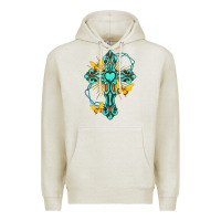 Oatmeal Heather cross with heart shaped gemstone and butterfly Premium Hoodie - texasbilliewilder
