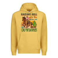 Antique Gold raising hell with the hippies and the cowboys Premium Hoodie - texasbilliewilder