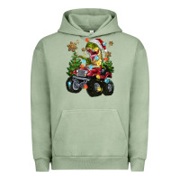 Pigment Oil Green Christmas T-rex With Monster Truck Urban Hoodie - MaliasSmallBusiness