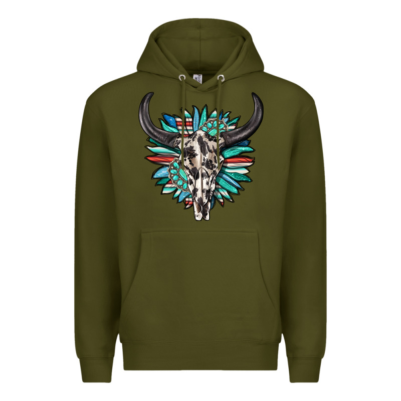 Western Bull Skull With Sunflower And Gemstone Premium Hoodie by texasbilliewilder | Teevron