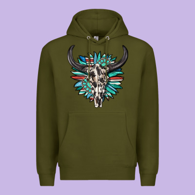 Premium Hoodie western bull skull with sunflower and gemstone