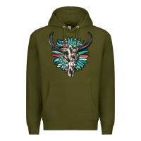 Army Green western bull skull with sunflower and gemstone Premium Hoodie - texasbilliewilder
