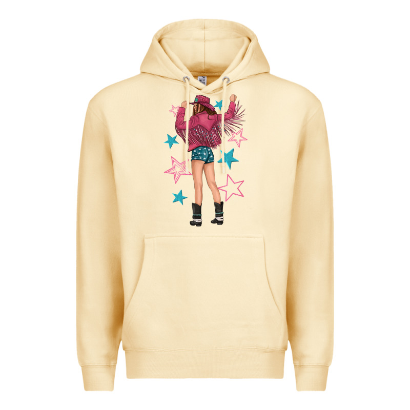 Western Pink With Stars And Cowgirl Premium Hoodie by texasbilliewilder | Teevron