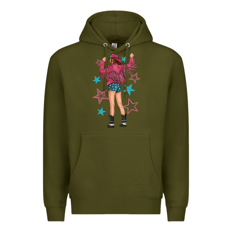 Western Pink With Stars And Cowgirl Premium Hoodie by texasbilliewilder | Teevron