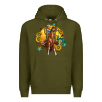Army Green bucking horse with cowboy and sunflower Premium Hoodie - texasbilliewilder