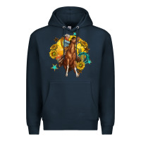 Navy bucking horse with cowboy and sunflower Premium Hoodie - texasbilliewilder