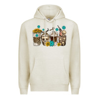 Oatmeal Heather coffee cups bull skull with gemstones Premium Hoodie - texasbilliewilder
