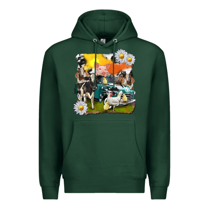 Cowhide Farm Truck With Farm Animals Premium Hoodie by texasbilliewilder | Teevron