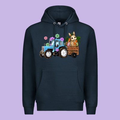 Premium Hoodie Happy Easter Tractor with Bunny Flowers and Carrot