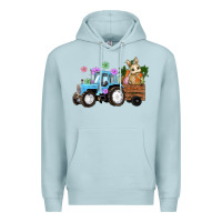 Blue Mist Happy Easter Tractor with Bunny Flowers and Carrot Premium Hoodie - RanaPortraitStore