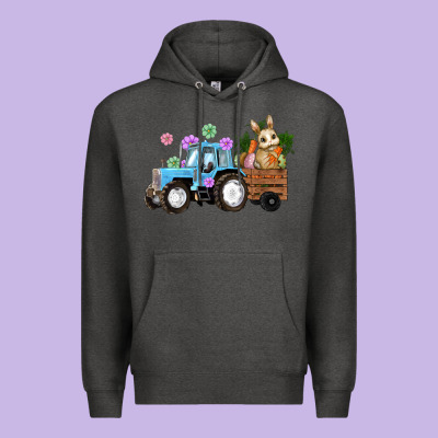 Premium Hoodie Happy Easter Tractor with Bunny Flowers and Carrot