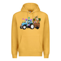 Mustard Happy Easter Tractor with Bunny Flowers and Carrot Premium Hoodie - RanaPortraitStore