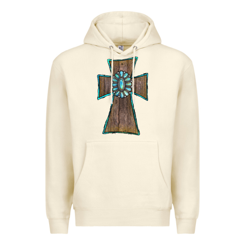 Wood Turquoise Gemstone Cross Premium Hoodie by RanaPortraitStore | Teevron