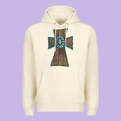 Premium Hoodie Wood Turquoise Gemstone Cross