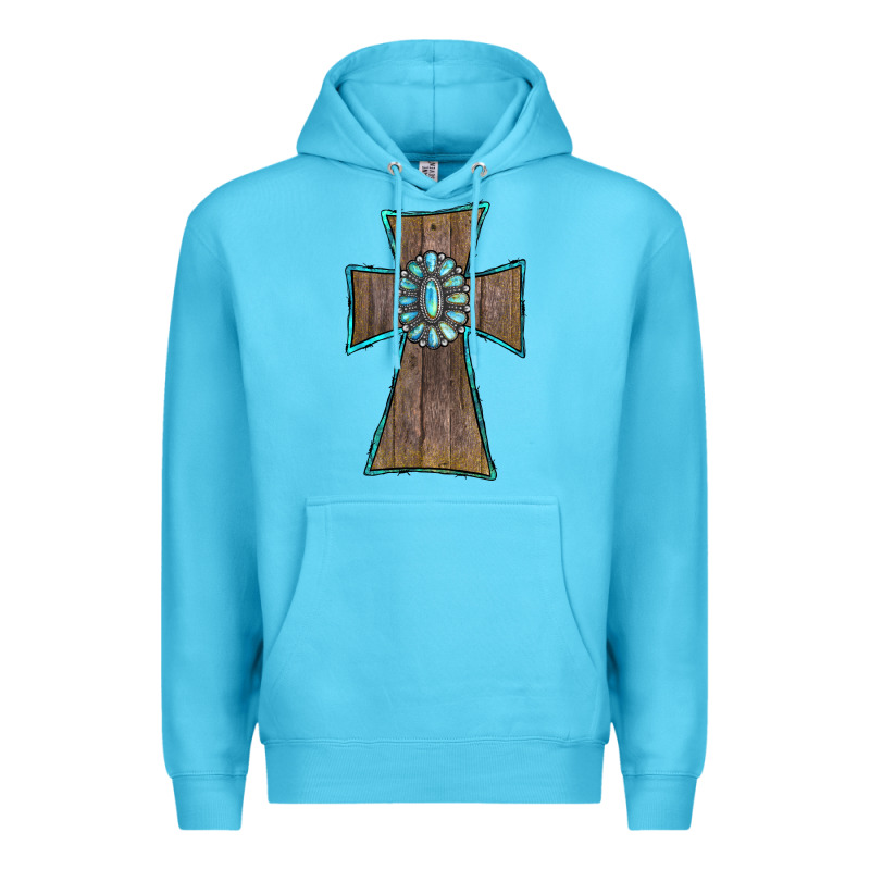 Wood Turquoise Gemstone Cross Premium Hoodie by RanaPortraitStore | Teevron