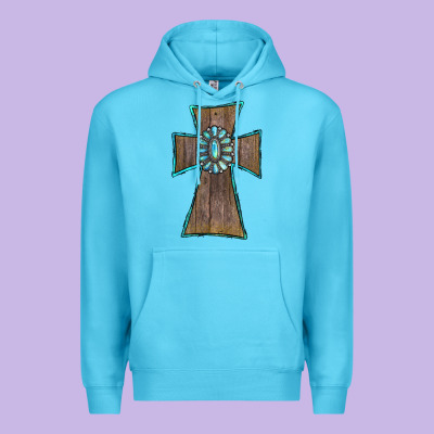 Premium Hoodie Wood Turquoise Gemstone Cross
