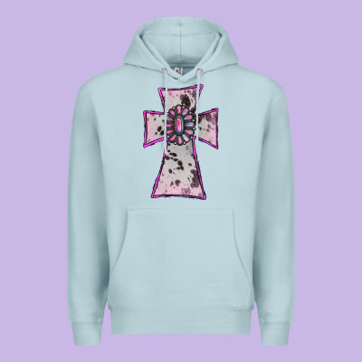 Premium Hoodie Cowhide Pink Gemstone Cross