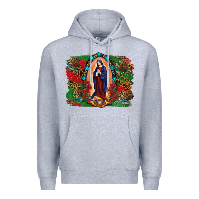 Mexican Flag Lady Of Guadalupe Distressed Backgrou Premium Hoodie by RanaPortraitStore | Teevron