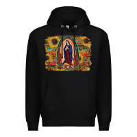 Black Sunflower Lady Of Guadalupe Distressed Background Premium Hoodie - RanaPortraitStore