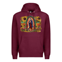 Burgundy Sunflower Lady Of Guadalupe Distressed Background Premium Hoodie - RanaPortraitStore