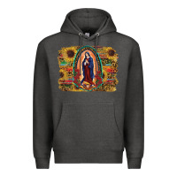 Charcoal Heather Sunflower Lady Of Guadalupe Distressed Background Premium Hoodie - RanaPortraitStore