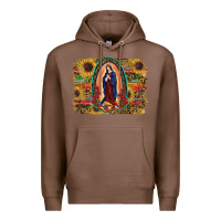 Chestnut Sunflower Lady Of Guadalupe Distressed Background Premium Hoodie - RanaPortraitStore