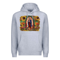 Heather Grey Sunflower Lady Of Guadalupe Distressed Background Premium Hoodie - RanaPortraitStore