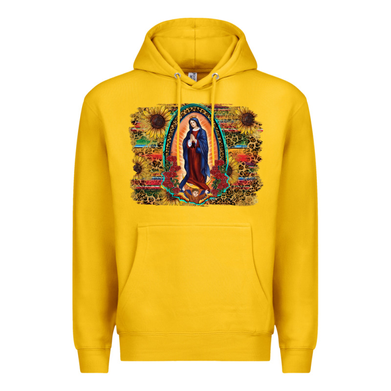 Sunflower Lady Of Guadalupe Distressed Background Premium Hoodie by RanaPortraitStore | Teevron