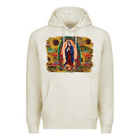 Oatmeal Heather Sunflower Lady Of Guadalupe Distressed Background Premium Hoodie - RanaPortraitStore