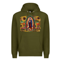 Army Green Sunflower Lady Of Guadalupe Distressed Background Premium Hoodie - RanaPortraitStore
