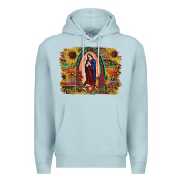 Blue Mist Sunflower Lady Of Guadalupe Distressed Background Premium Hoodie - RanaPortraitStore