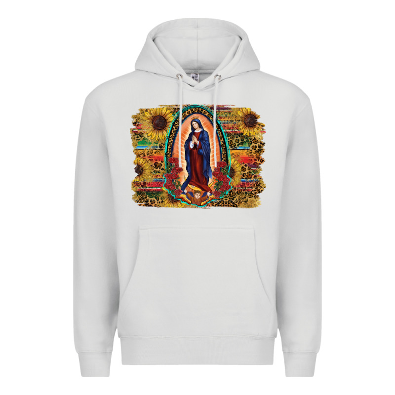 Sunflower Lady Of Guadalupe Distressed Background Premium Hoodie by RanaPortraitStore | Teevron