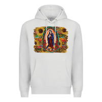 Dove Grey Sunflower Lady Of Guadalupe Distressed Background Premium Hoodie - RanaPortraitStore